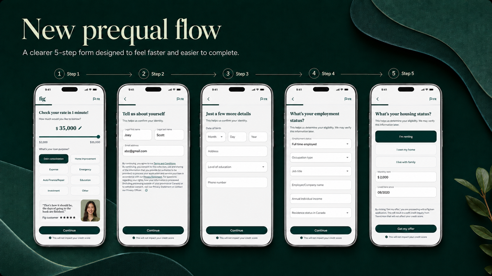 New pre-qual flow — five mobile steps