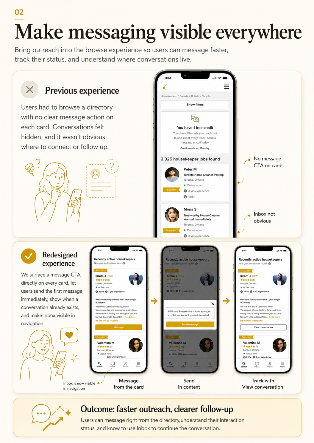 Make messaging visible everywhere: previous experience vs. redesigned experience with message CTA on every card