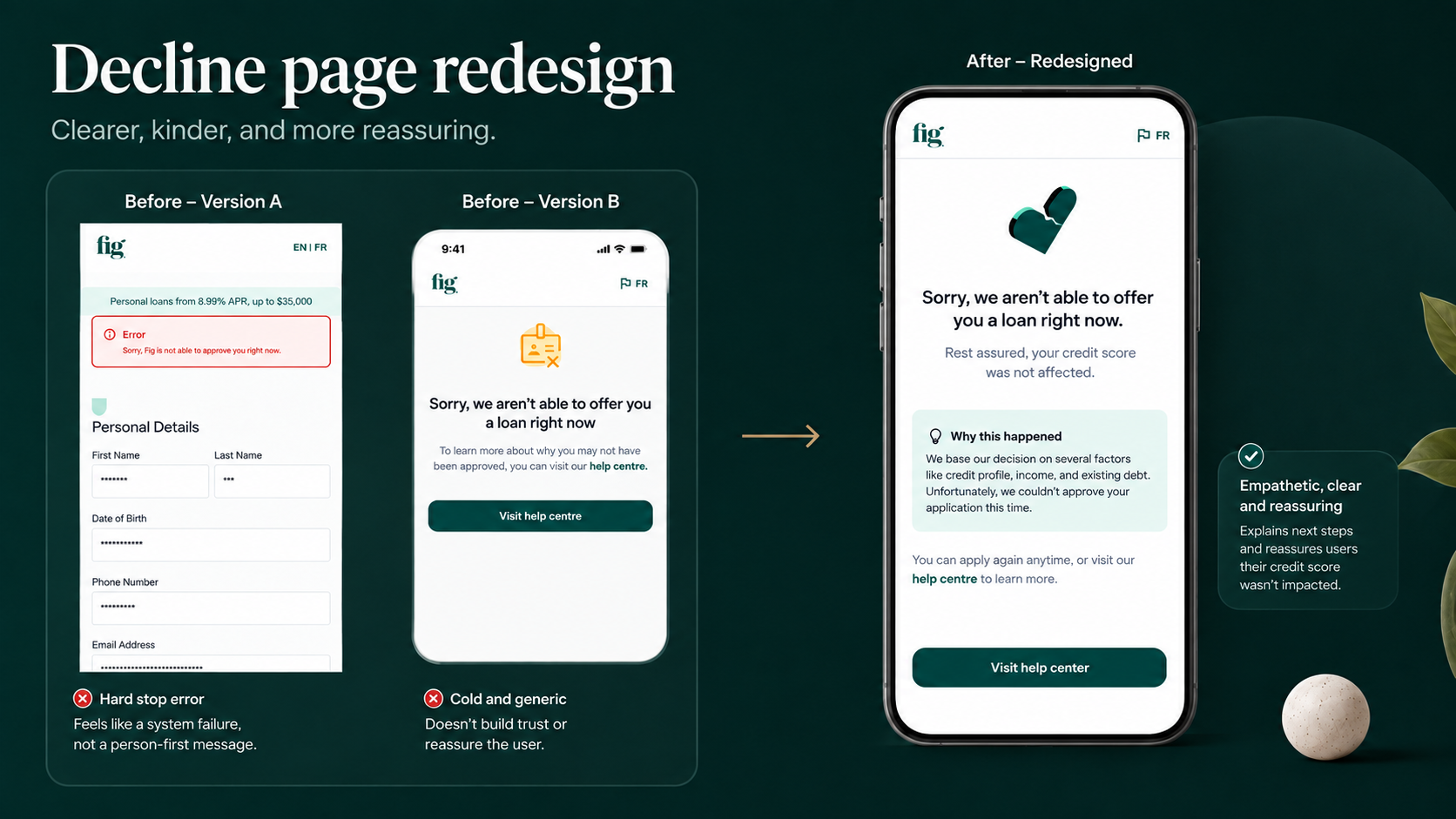 Decline page redesign — before and after