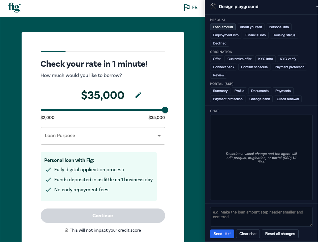 The Design Playground: a production loan-amount step running with mock data, next to a Design Playground panel listing every Prequal, Origination, Portal, and Chat screen