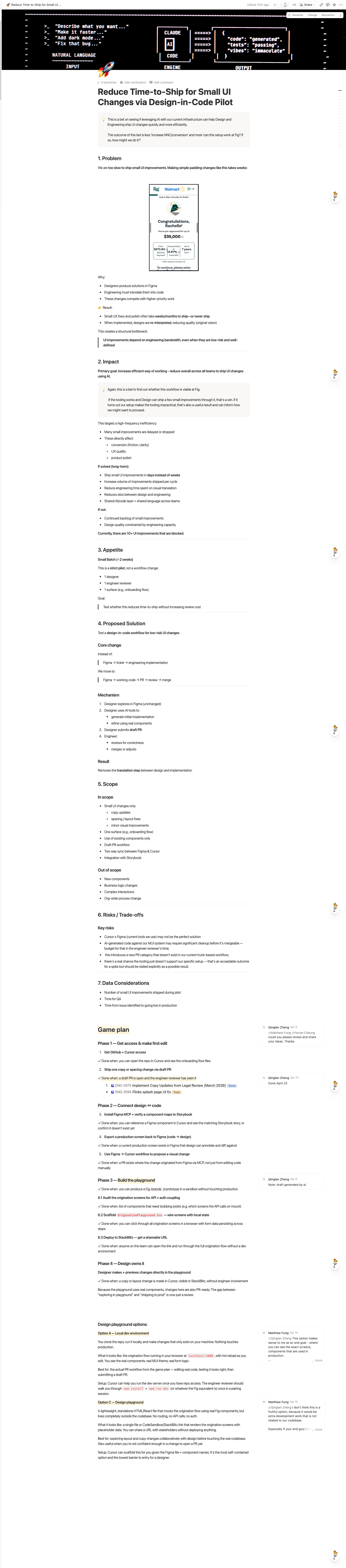 Notion pitch doc: 'Reduce Time-to-Ship for Small UI Changes via Design-in-Code Pilot' — problem, impact, appetite, proposed solution, scope, risks, data considerations, and game plan